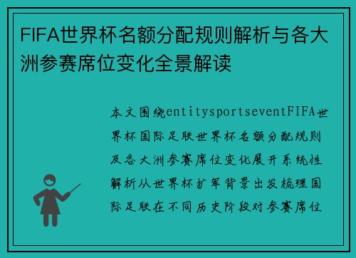 FIFA世界杯名额分配规则解析与各大洲参赛席位变化全景解读